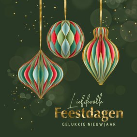 Kerstkaart gekleurde papieren kersthangers met goud