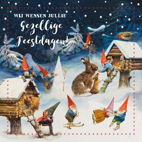 Kerstkaart gezellig kabouterwinterlandschap