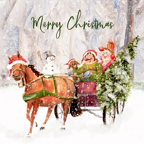Kerstkaart gezellig samen in de arreslee
