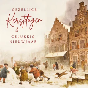 Kerstkaart gezellig winters tafereel 