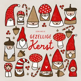 Kerstkaart gezellige kabouters paddestoelen en eikeltjes