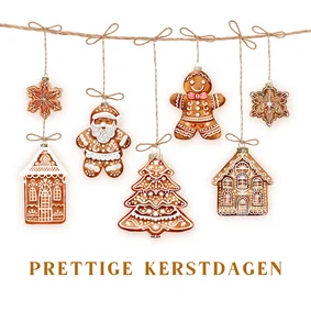 Kerstkaart gingerbread aan kersttakken