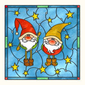 Kerstkaart glas-in-lood kabouters