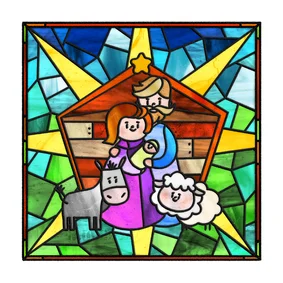 Kerstkaart glas in lood kerststal