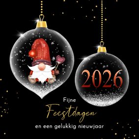 Kerstkaart glasballen met kabouter