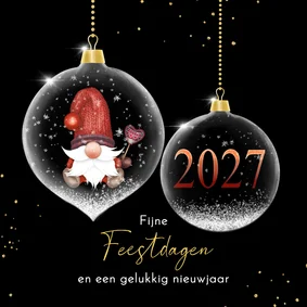 Kerstkaart glasballen met kabouter