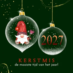 Kerstkaart glazen kerstbal met kabouter 2027