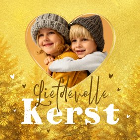 Kerstkaart goud kerstbomen hartjes foto liefdevolle kerst