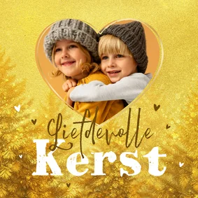 Kerstkaart goud kerstbomen hartjes foto liefdevolle kerst