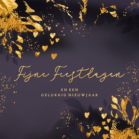 Kerstkaart goud paarse dennentakken