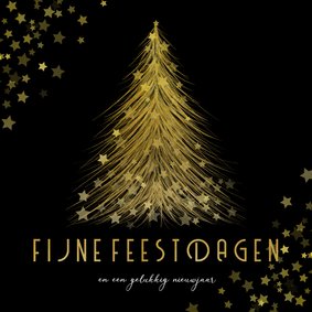 Kerstkaart gouden kerstboom met sterren Fijne Feestdagen