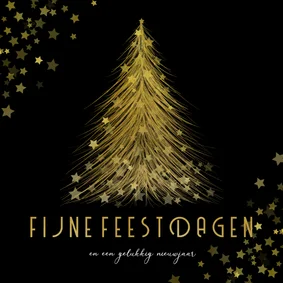 Kerstkaart gouden kerstboom met sterren Fijne Feestdagen