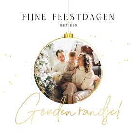 Kerstkaart gouden randje kerstbal foto confetti stijlvol