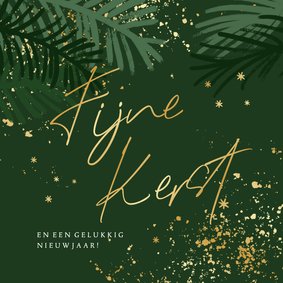 Kerstkaart gouden sterren spetters takjes Fijne Kerst groen