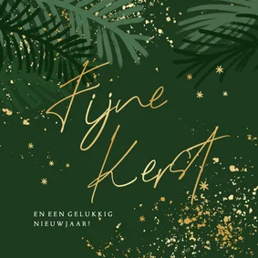 Kerstkaart gouden sterren spetters takjes Fijne Kerst groen