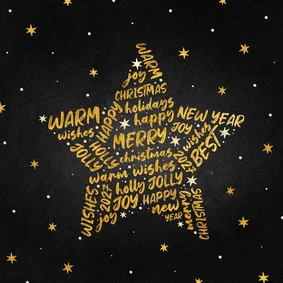 Kerstkaart goudlook ster met woorden krijtbord