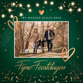 Kerstkaart groen foto lampjes confetti koperlook hartjes