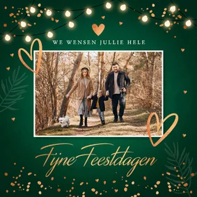 Kerstkaart groen foto lampjes confetti koperlook hartjes