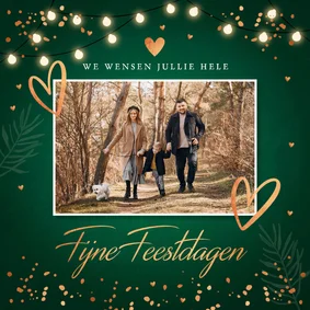 Kerstkaart groen foto lampjes confetti koperlook hartjes