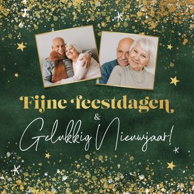 Kerstkaart groen goud fijne feestdagen foto's sterren