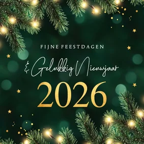 Kerstkaart groen kersttakken jaartal 2026 goudlook