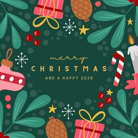 Kerstkaart groen met felle ornamenten vierkant