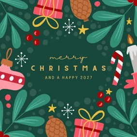 Kerstkaart groen met felle ornamenten vierkant