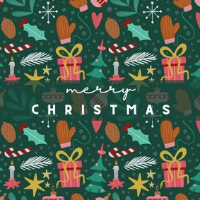 Kerstkaart groen met vrolijke ornamenten vierkant