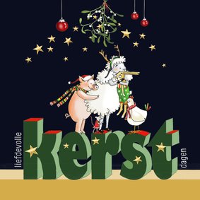 Kerstkaart groep dieren onder de mistletoe