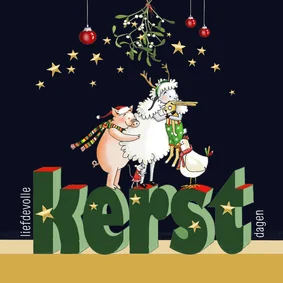 Kerstkaart groep dieren onder de mistletoe