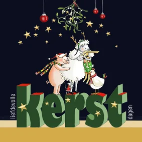 Kerstkaart groep dieren onder de mistletoe