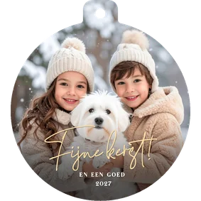 Kerstkaart grote eigen foto in kerstbalvorm 'fijne kerst'
