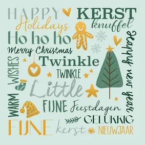 Kerstkaart handlettering in groen en wam geel