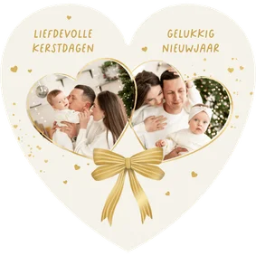 Kerstkaart hartvorm foto's strik hartjes liefdevol