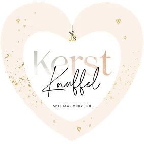 Kerstkaart hartvorm kerstknuffel gouden spetters