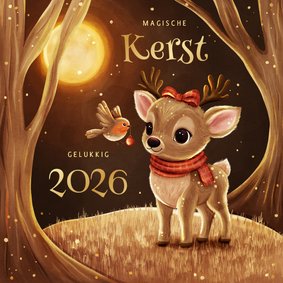 Kerstkaart hert met roodborstje in sprankelend bos