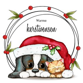 Kerstkaart hond en kat 