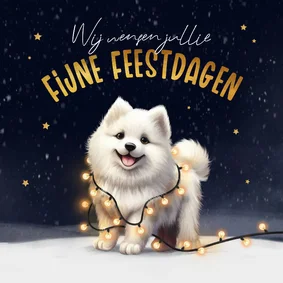 Kerstkaart hond Samojeed puppy winter lampjes feestdagen