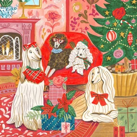 Kerstkaart honden kerst interieur warm illustratie