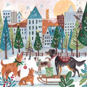 Kerstkaart honden sneeuw stad kerst illustratie