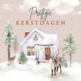Kerstkaart huisje in winterlandschap met rendier