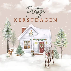 Kerstkaart huisje in winterlandschap met rendier