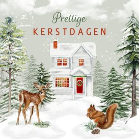 Kerstkaart huisje winterlandschap met hertje en eekhoorn
