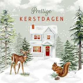 Kerstkaart huisje winterlandschap met hertje en eekhoorn