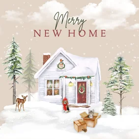 Kerstkaart huisjes in sneeuw voor verhuizen