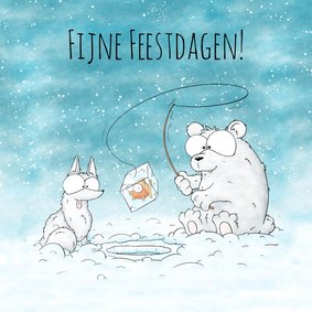 Kerstkaart - IJsbeer en Poolvos aan het ijsvissen