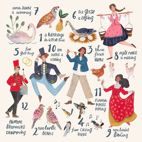 Kerstkaart illustratie '12 days of Christmas' ecru