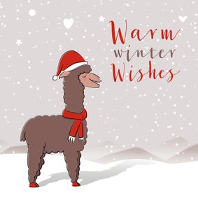 Kerstkaart illustratie alpaca met kerstmuts in de sneeuw