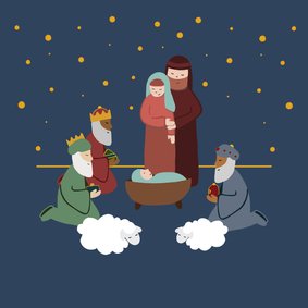 Kerstkaart illustratie geboorte Jezus kerststal