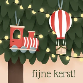 Kerstkaart illustratie van kerstboom voertuigjes en lichtjes